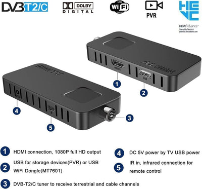DCOLOR Decoder DVBT2 Digitaler terrestrischer Receiver Mini HDMI Stick HD1080P H