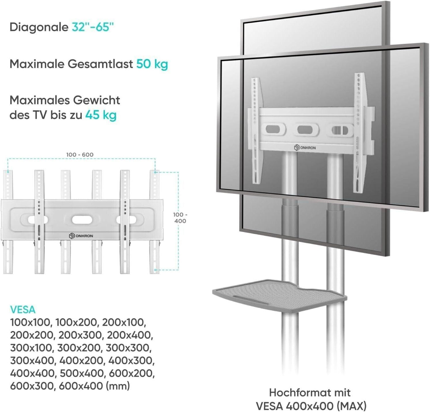 ONKRON Universal TV Ständer rollbar 32-65 Zoll TV bis 50 kg, Fernsehständer