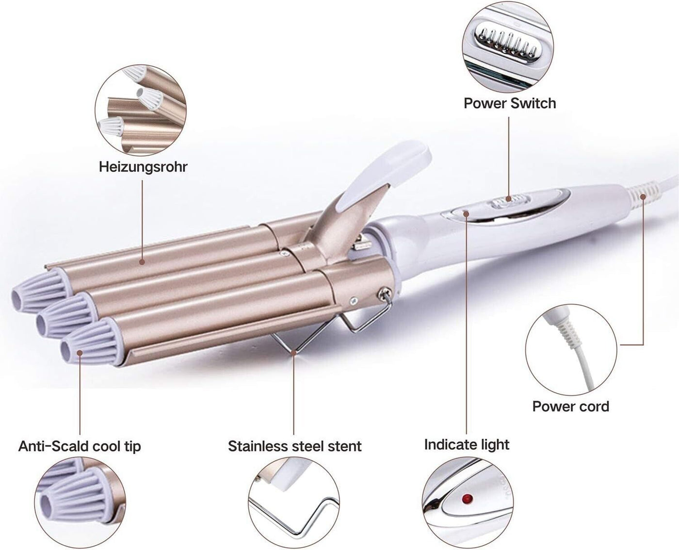 TOP4EVER Lockenstab mit 3 stäben 2 Temperaturen Welleisen lange/kurze Haare 22mm