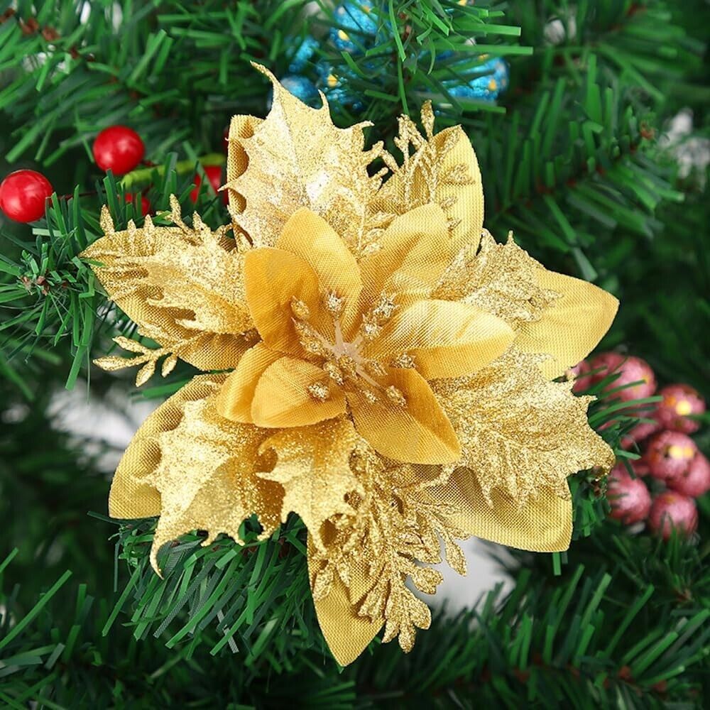 10 Stück Weihnachtsblumen Deko für Weihnachtsbaum - Gold