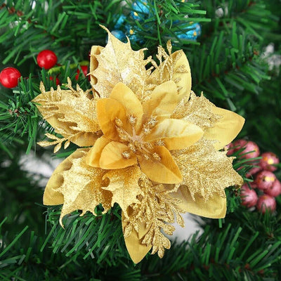 10 Stück Weihnachtsblumen Deko für Weihnachtsbaum - Gold