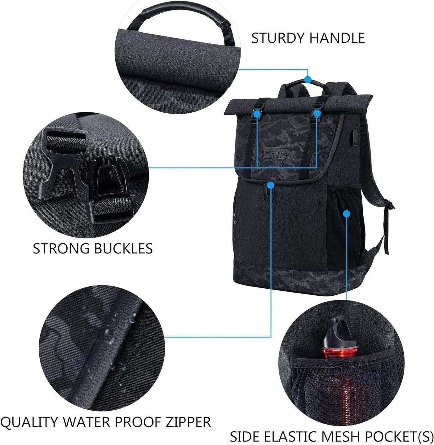 KROSER RollTop Rucksack, Laptop Rucksack 15,6 Zoll, Travel Backpack Wasserdicht