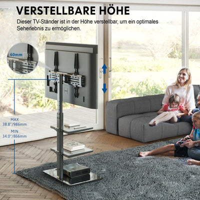 FITUEYES TV-Ständer 3 Ablagen höhenver. schwenkbar für 32-60 Zoll Flach-Curved
