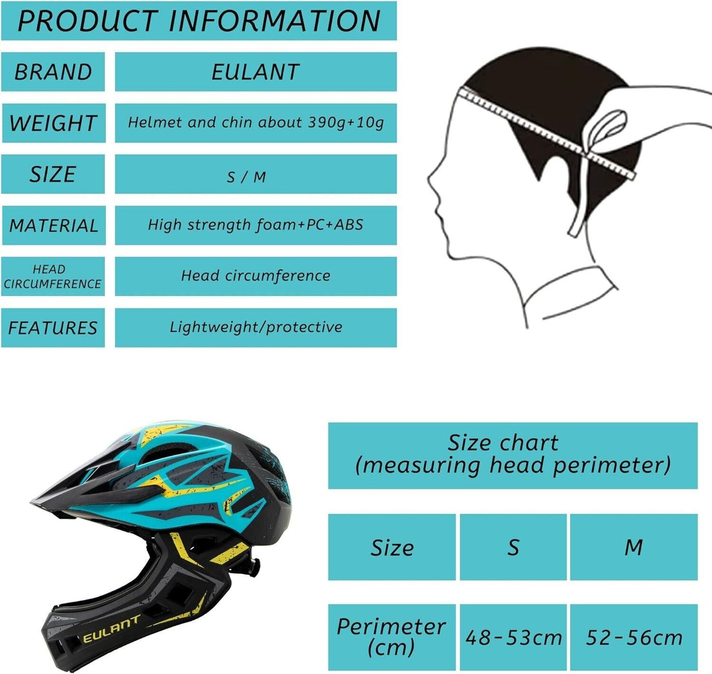 EULANT Fahrradhelm mit Kinnschutz für Jugendliche,Kinder Fullface Helm BMX Gr. M