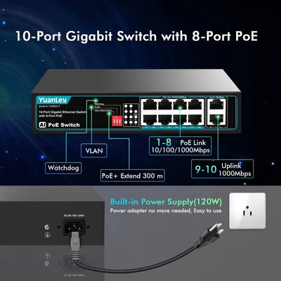 YuanLey 8-Port-PoE-Switch mit 2 Gigabit-Uplink, 8 PoE+-Ports 1000 Mbit/s Netzwer