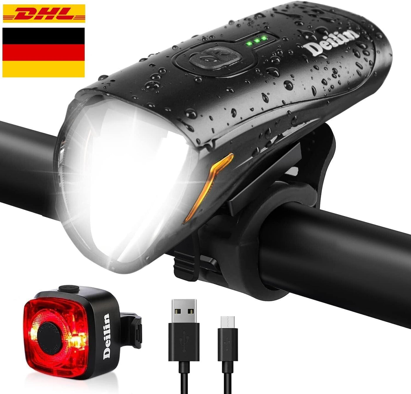 Deilin Fahrradlicht Set USB Aufladbar, IPX5 Wasserdicht Fahrradlicht