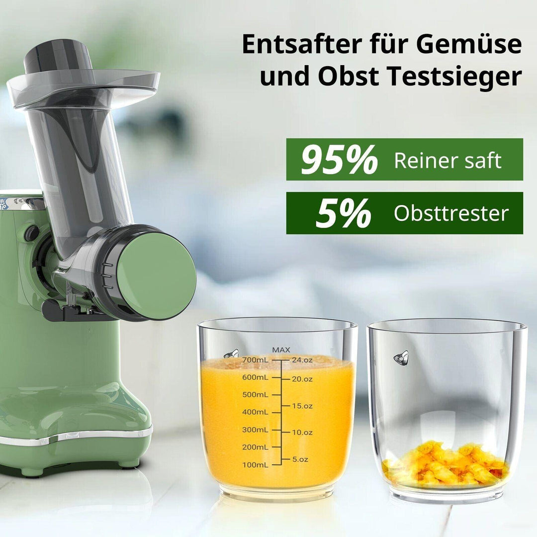 Slow Juicer Testsieger 2 Drehzahlen FEZEN Slow Juicer Testsieger – 2 Drehzahlen, 95% Saftausbeute, Leiser Motor & Umkehrfunktion – Inkl. Pinsel & Rezepten!