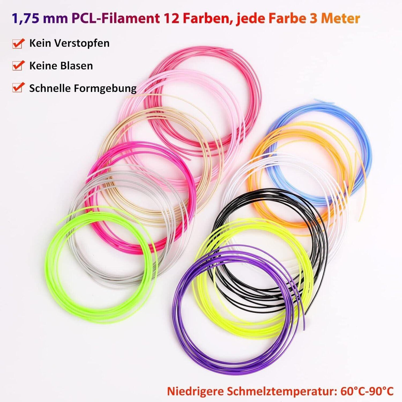 Dikale 3D-Druckerstift mit 1,75 mm PCL-Filament-Set, 12 Farben, 3 m pro Farbe, 3