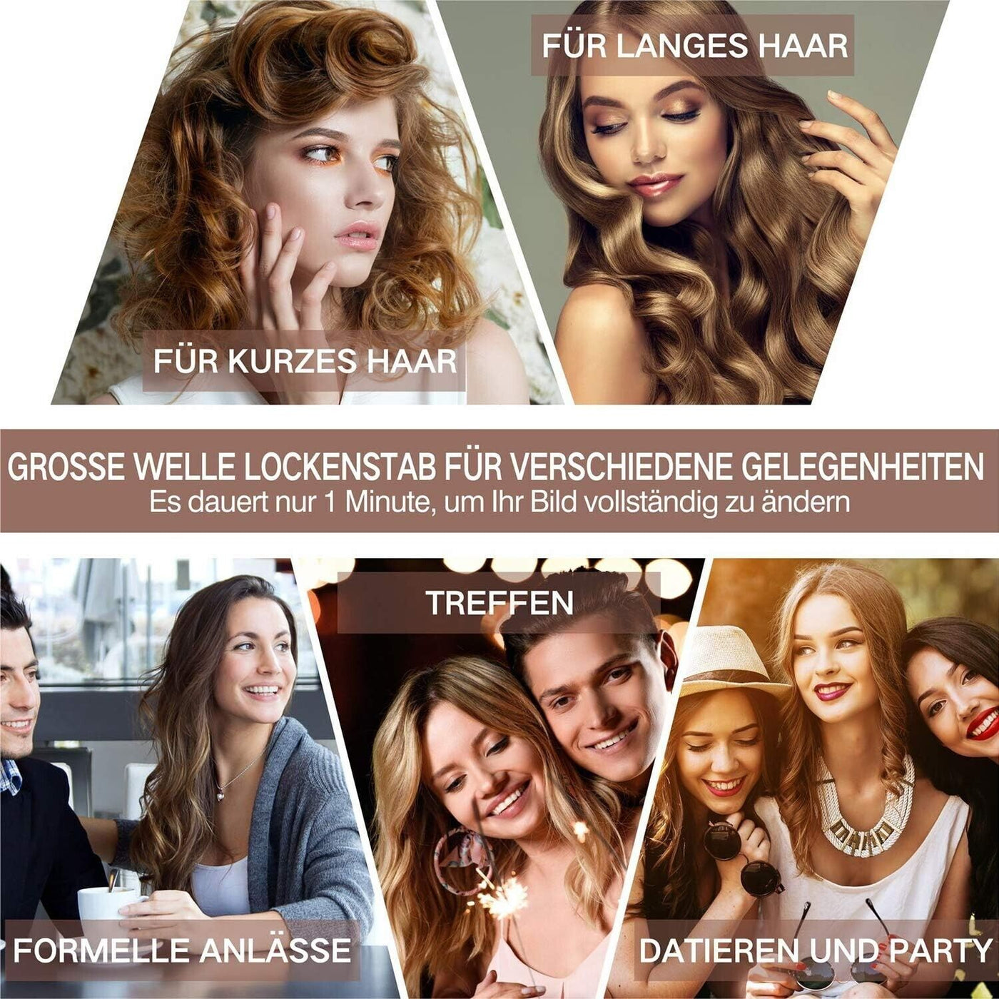 TOP4EVER Lockenstab mit 3 stäben 2 Temperaturen Welleisen lange/kurze Haare 22mm