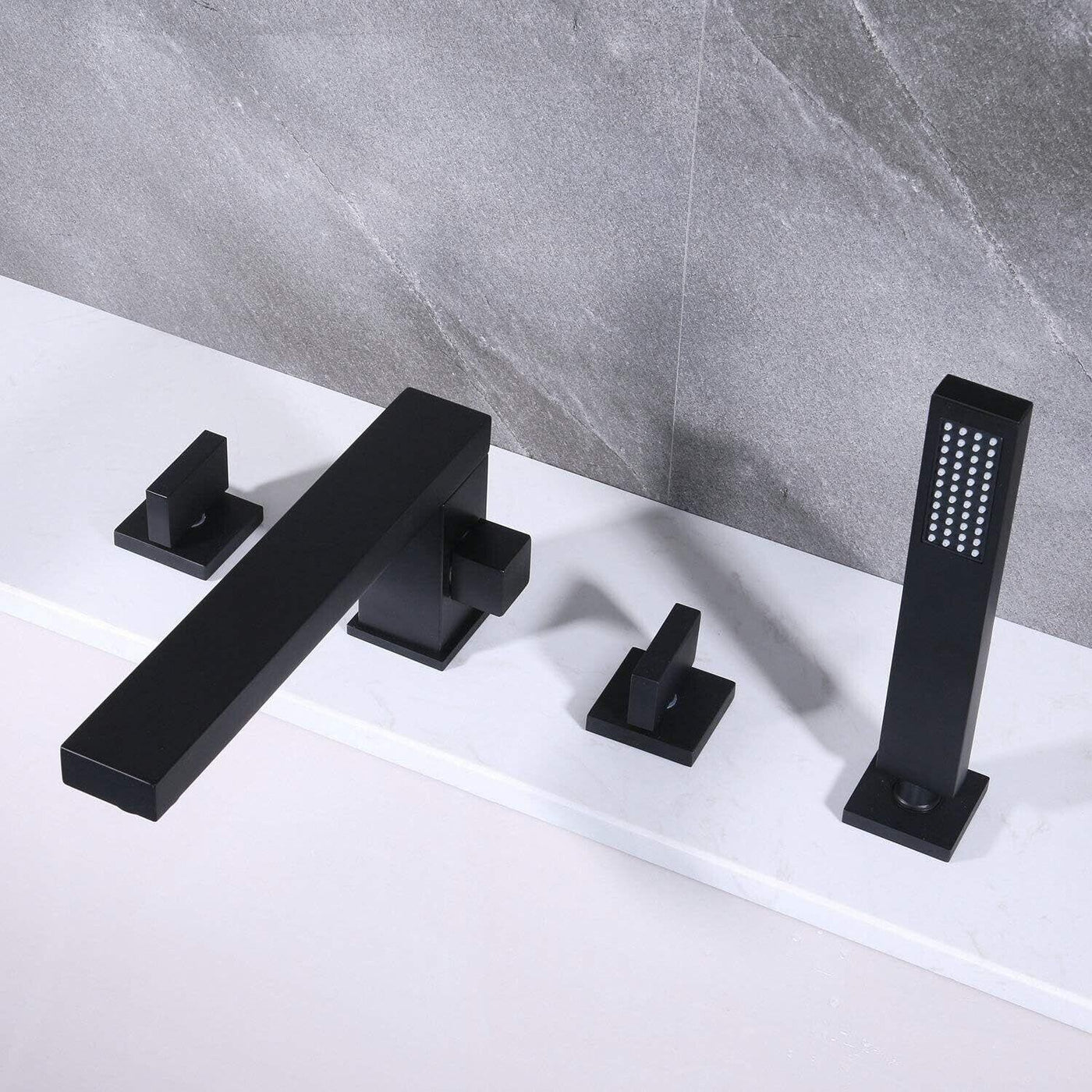Schwarz Wannenrandarmatur 4-Loch Armatur für Badewanne Herausziehbare Handbrause