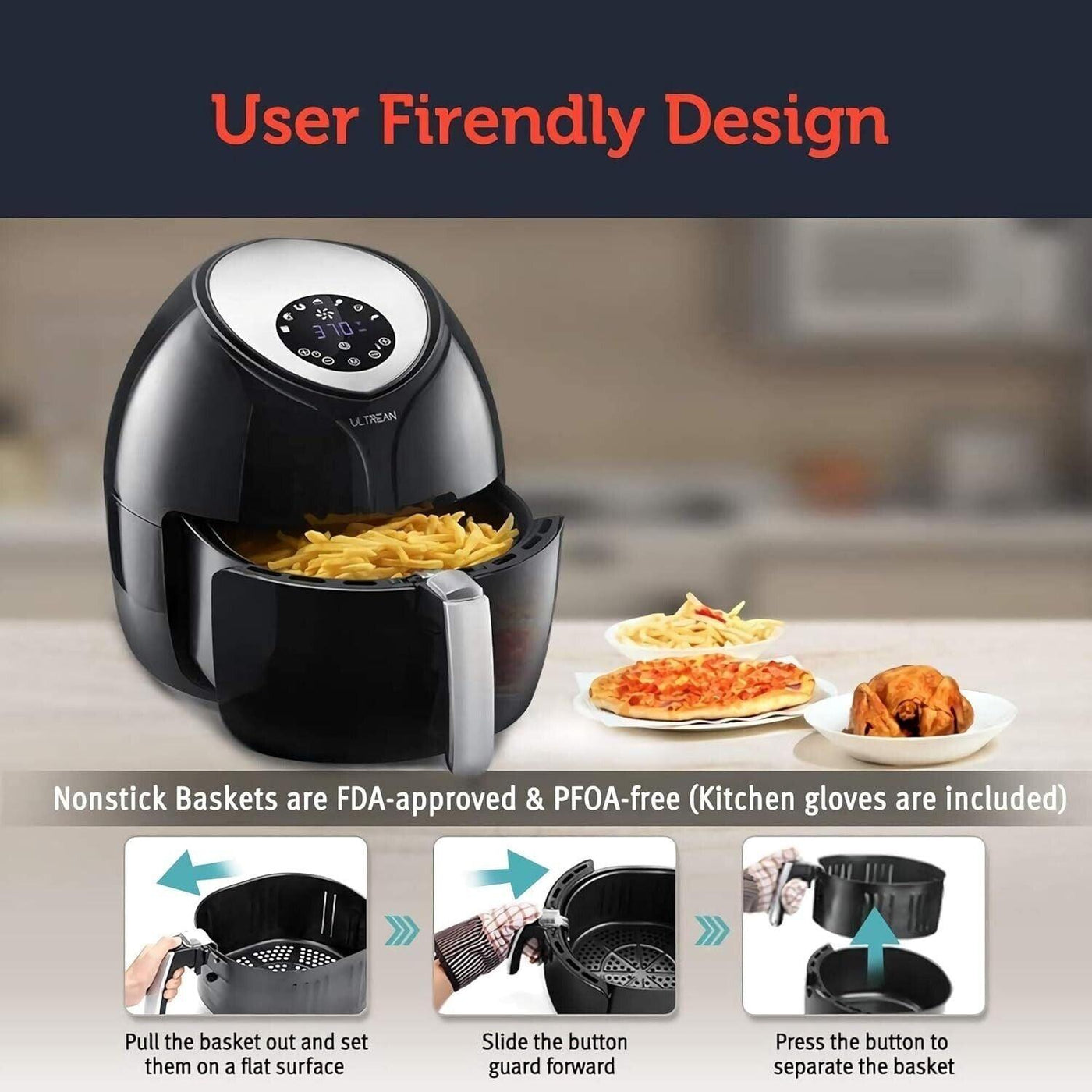 Ultrean Heißluftfritteuse, 8L, Air Fryer, Friteuse ohne Öl mit LCD