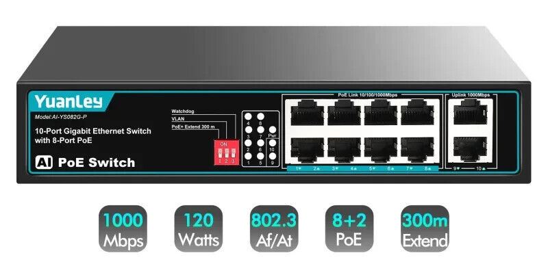 YuanLey 8-Port-PoE-Switch mit 2 Gigabit-Uplink, 8 PoE+-Ports 1000 Mbit/s Netzwer