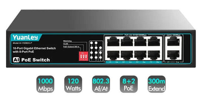 YuanLey 8-Port-PoE-Switch mit 2 Gigabit-Uplink, 8 PoE+-Ports 1000 Mbit/s Netzwer