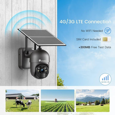 ctronics S20 4G LTE Überwachungskamera mit SIM Karte Aussen, 2K 3MP PTZ Solar