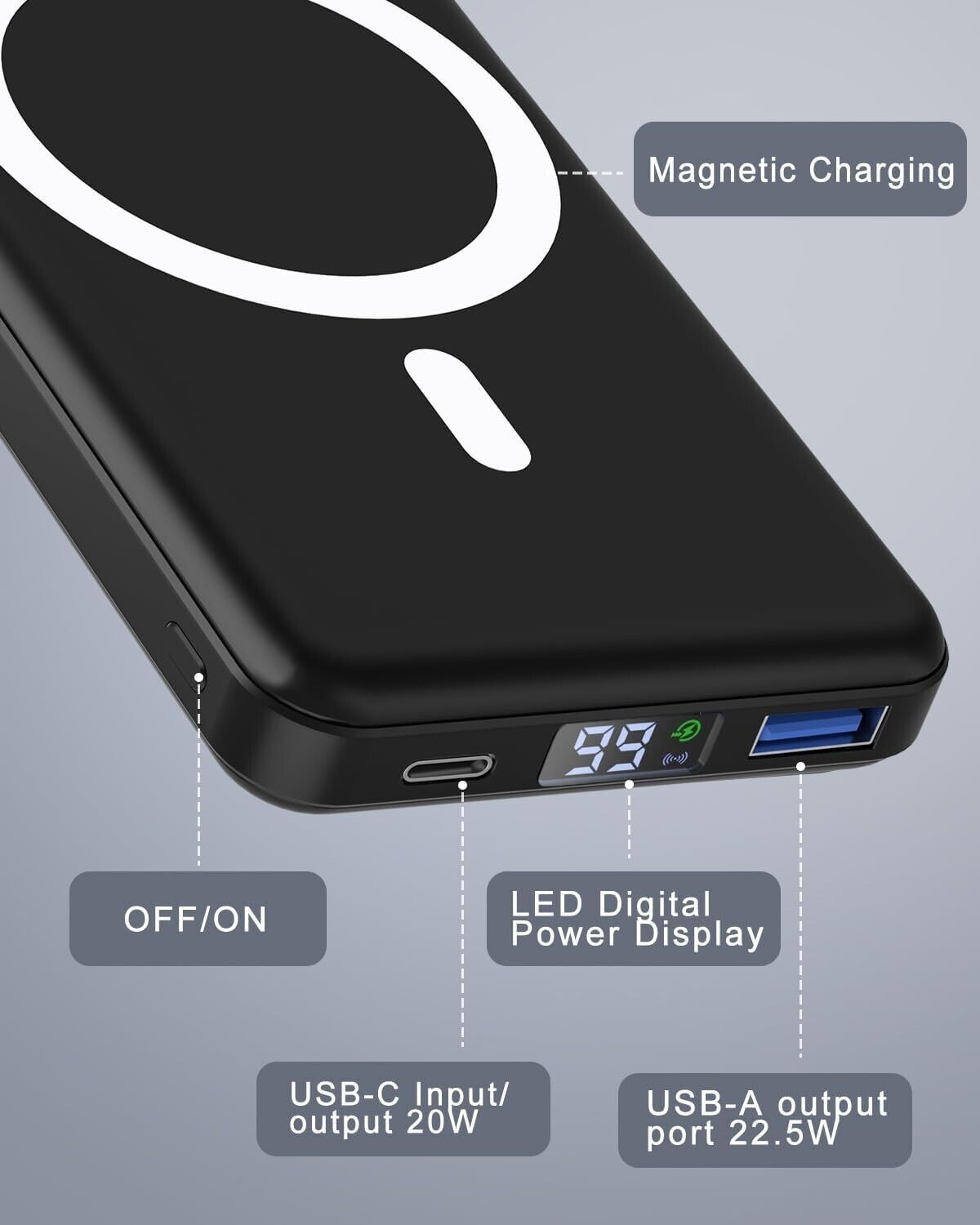 Podoru for Magsafe powerbank 10000mAh,Magnetische Power Bank mit Typ-C Kabel LED