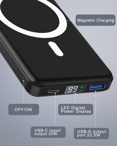 Podoru for Magsafe powerbank 10000mAh,Magnetische Power Bank mit Typ-C Kabel LED