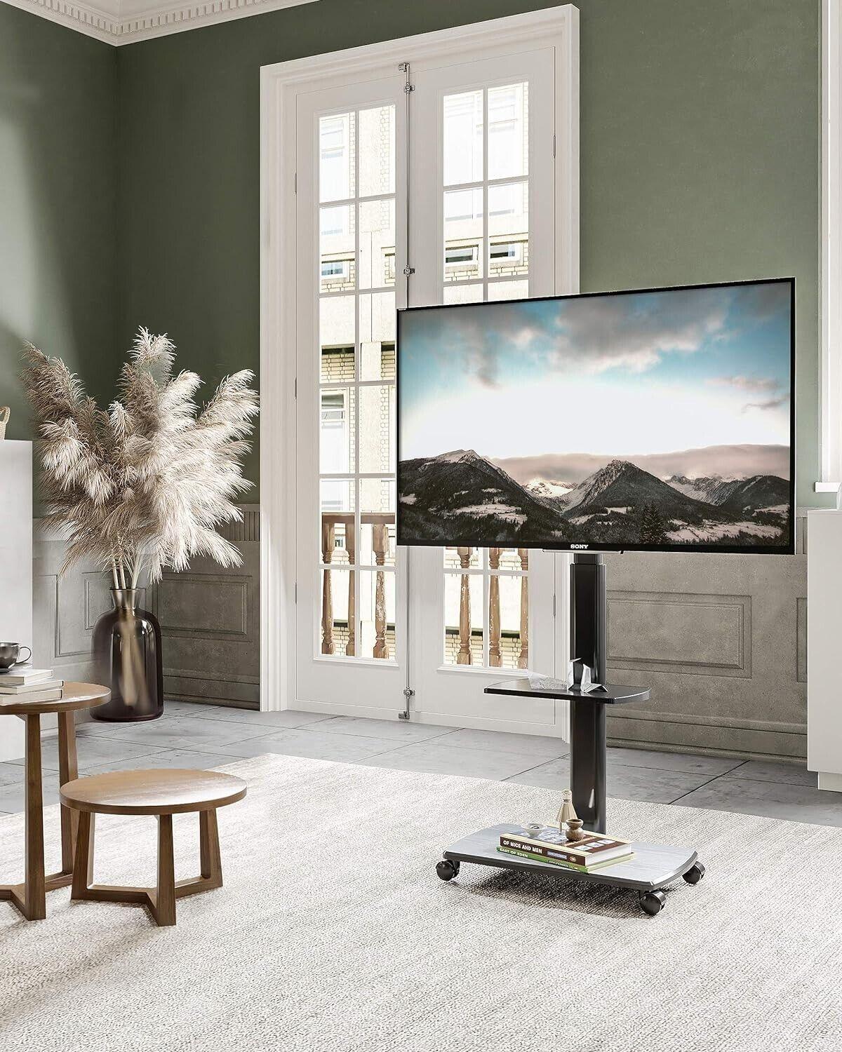 FITUEYES TV Bodenständer Fernsehstand Rollbar 70" Holzablage höhenver, schwenk,