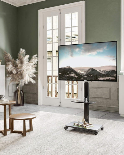 FITUEYES TV Bodenständer Fernsehstand Rollbar 70" Holzablage höhenver, schwenk,