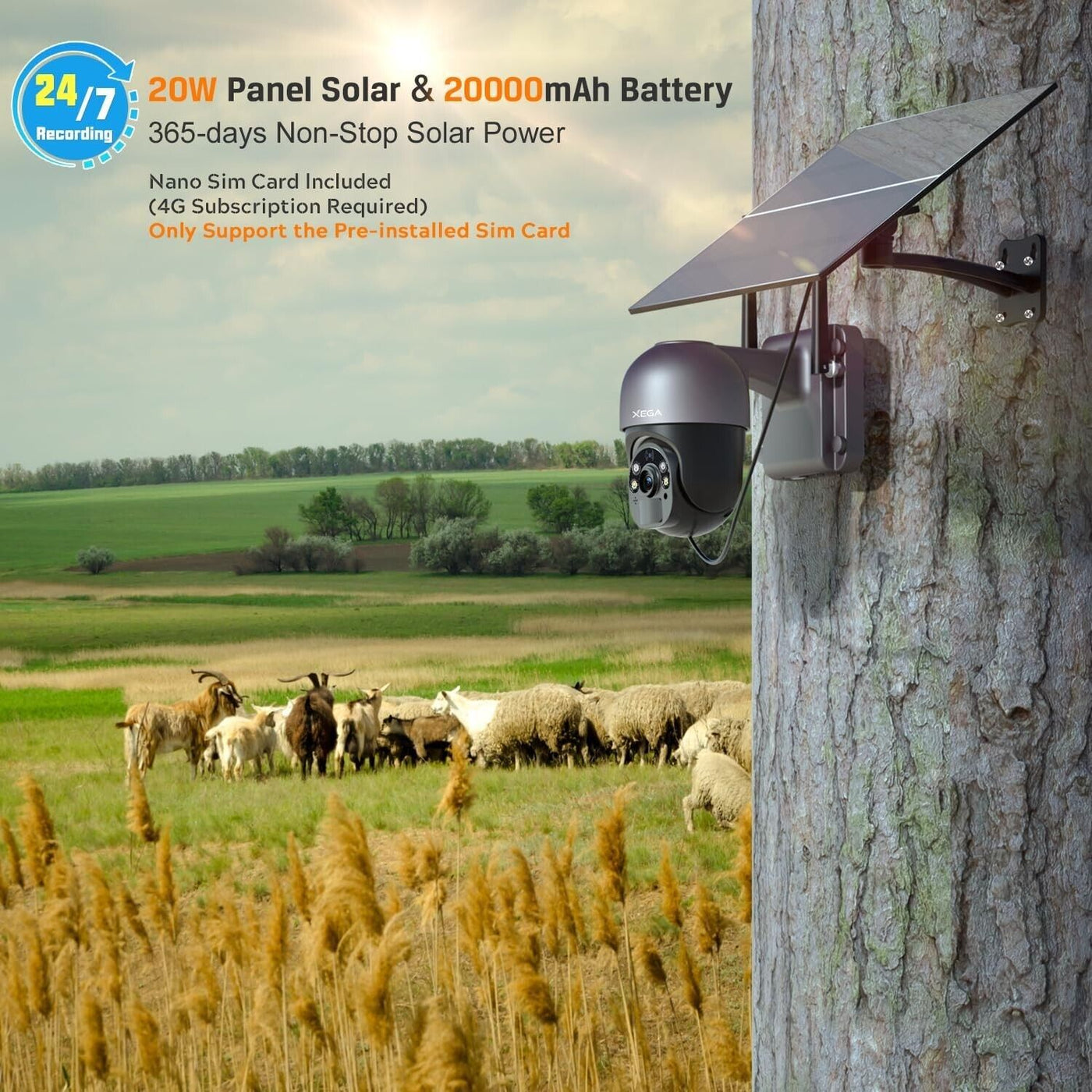 Xega 3G/4G LTE Überwachungskamera Karte 20W Solarpanel, 2K 3MP Kabellos Kamera