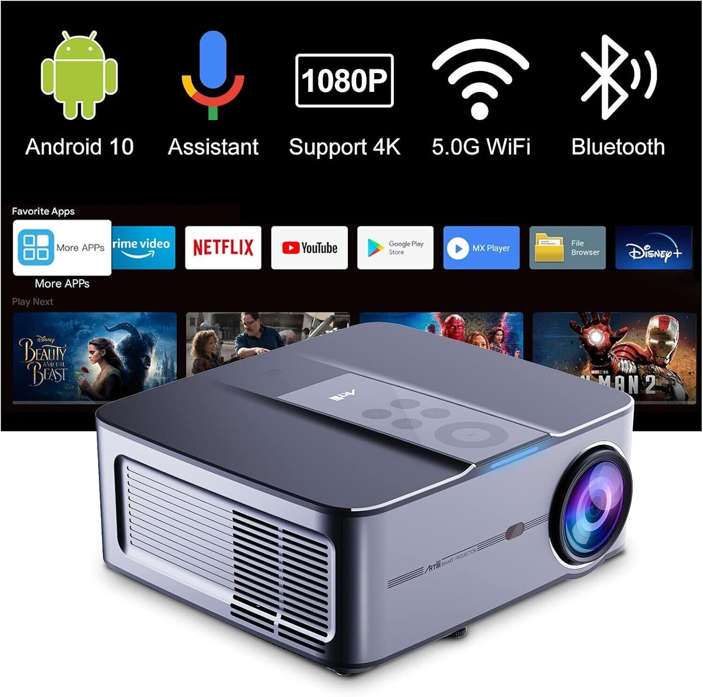 Artlii Play 3 Beamer Full HD Android 10, 5G WLAN Bluetooth Beamer 4k mit 350”