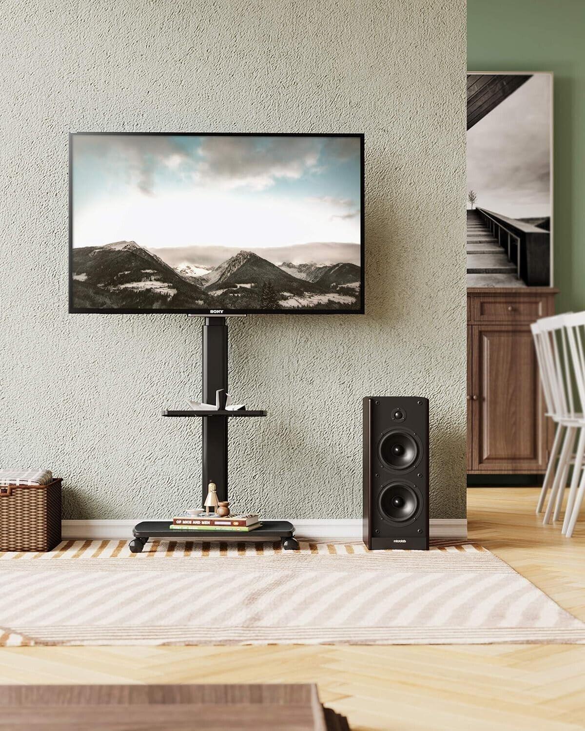 FITUEYES TV Bodenständer Fernsehstand Rollbar 70" Holzablage höhenver, schwenk,