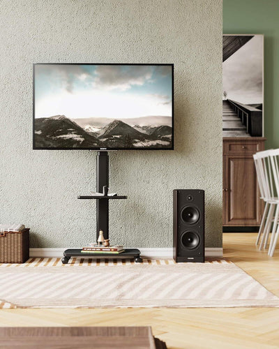 FITUEYES TV Bodenständer Fernsehstand Rollbar 70" Holzablage höhenver, schwenk,