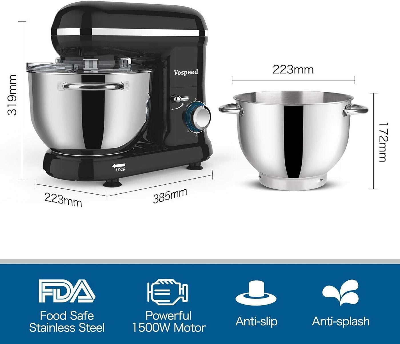 Vospeed Küchenmaschine Knetmaschine Backen, 1500W, 6,2l, 10 Geschwindigkeiten