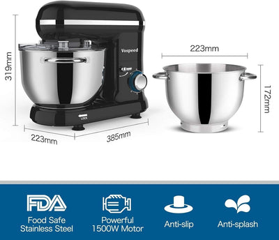 Vospeed Küchenmaschine Knetmaschine Backen, 1500W, 6,2l, 10 Geschwindigkeiten