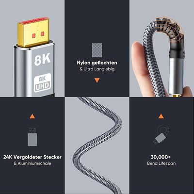SNOWKIDS 3M DisplayPort Kabel 1.4 Displayport 1.4,8K@60Hz,4K@120Hz,2K@144Hz Über
