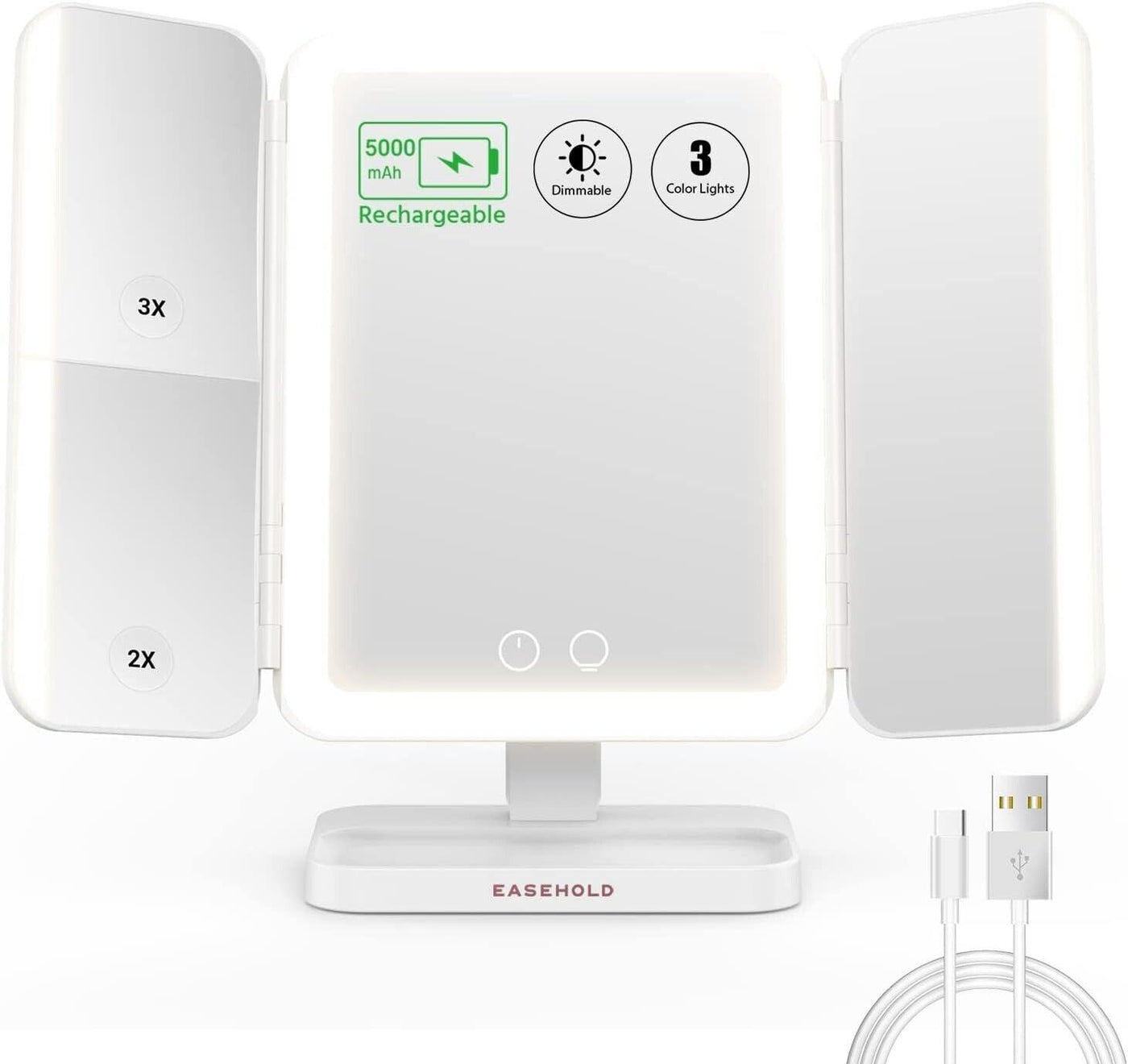 EASEHOLD Schminkspiegel 5000 mAh beleuchtet, wiederaufladbar, 3 Farb-Beleuchtung