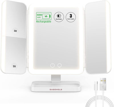 EASEHOLD Schminkspiegel 5000 mAh beleuchtet, wiederaufladbar, 3 Farb-Beleuchtung