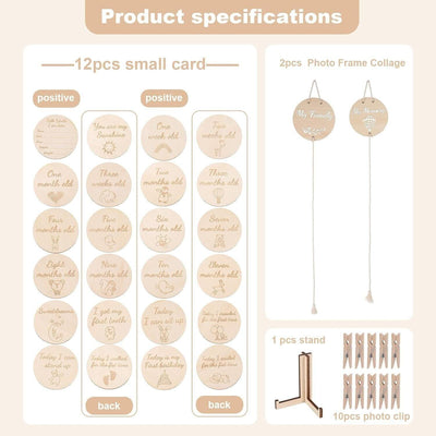 ZARAAFA Holz Meilensteinkarten Baby - Set 24 babykarten & 2 Bilderrahmen für Col