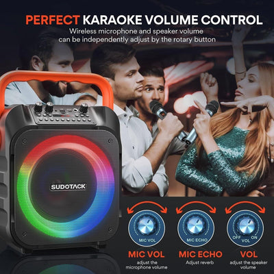 SUDOTACK Tragbare Karaoke Maschine 2 kabellose Mikrofone, Bluetooth Lautsprecher
