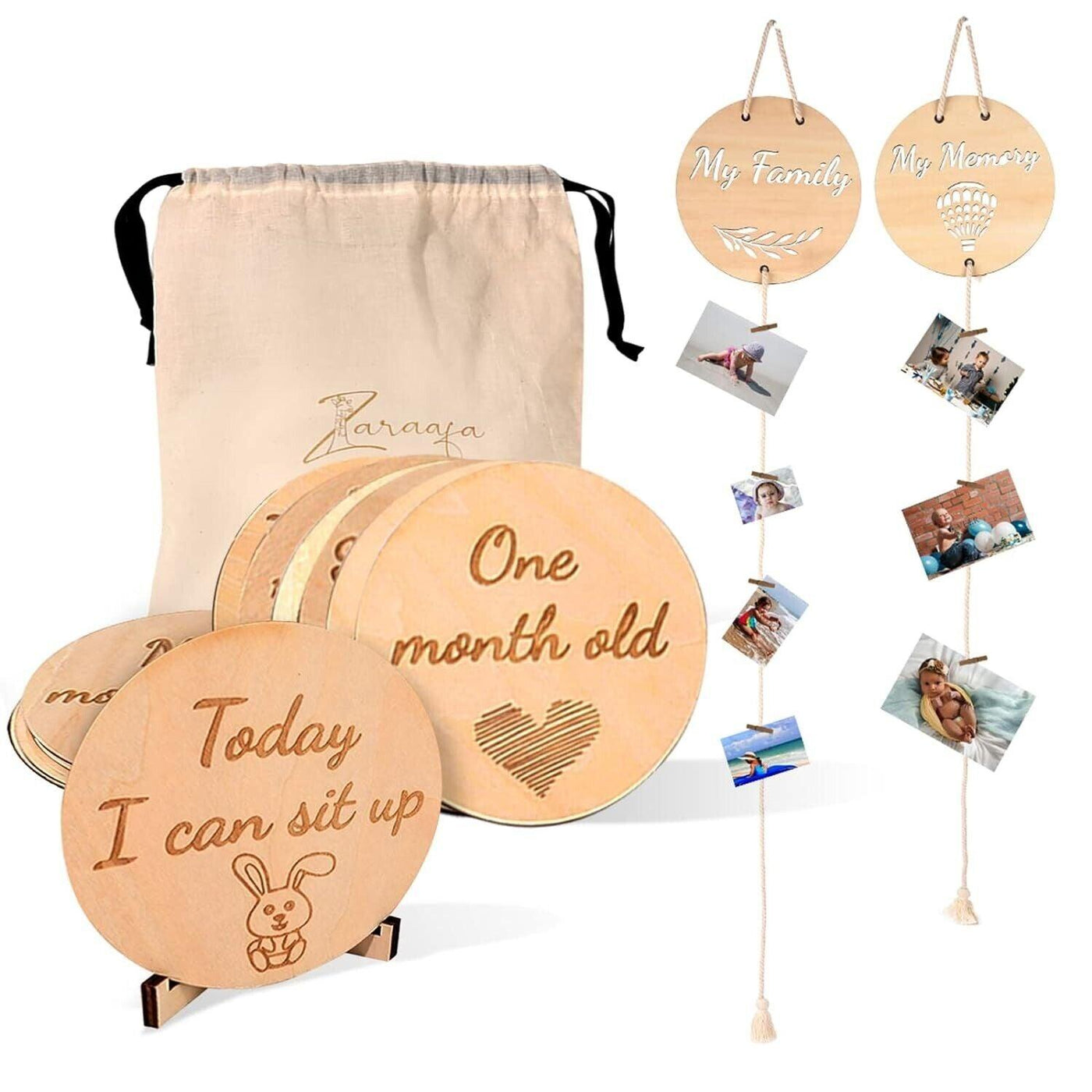 ZARAAFA Holz Meilensteinkarten Baby - Set 24 babykarten & 2 Bilderrahmen für Col
