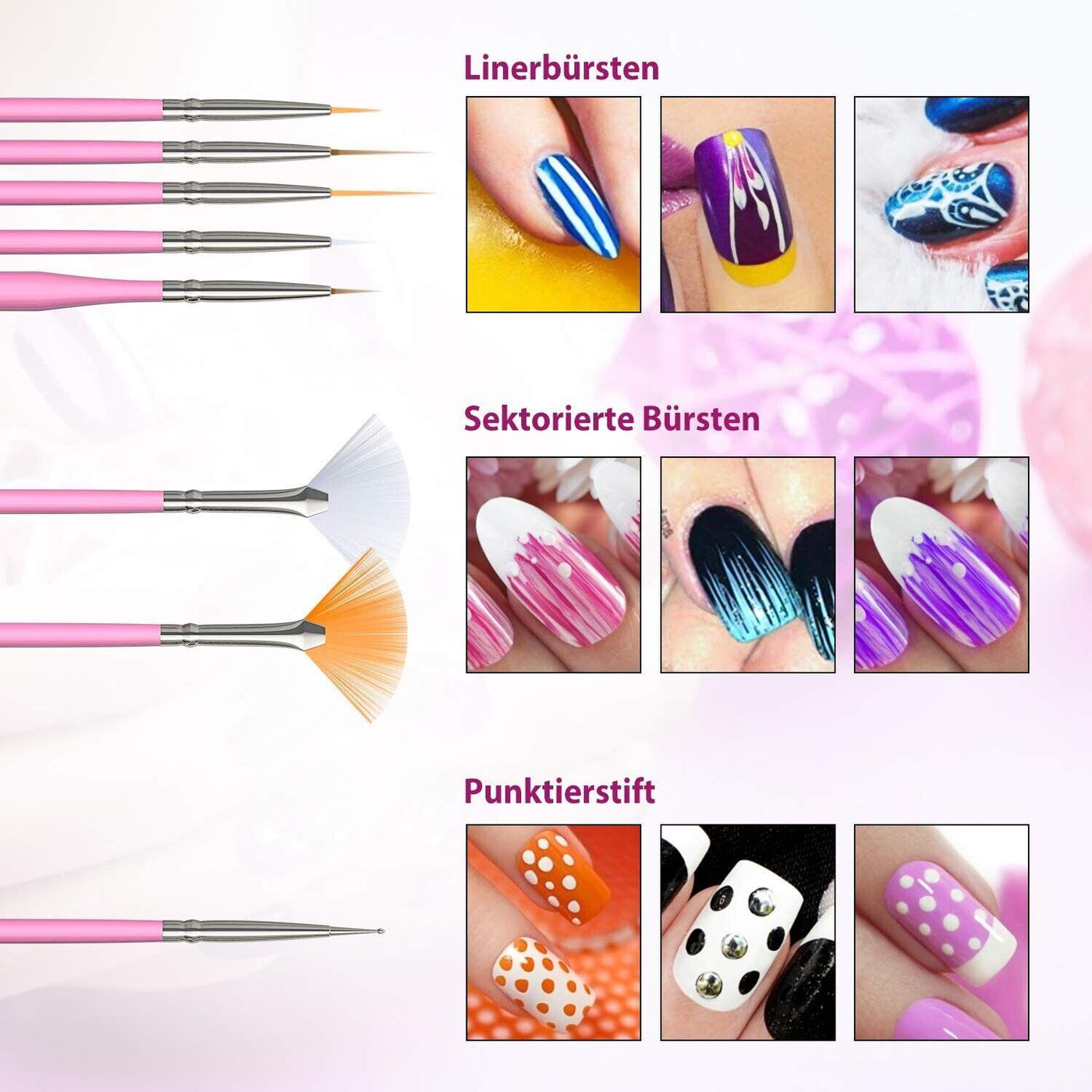 Pinsel für Gelnägel, 50-teiliges Gel-Nagel-Zubehör, darunter 15 Nailart-Pinsel,