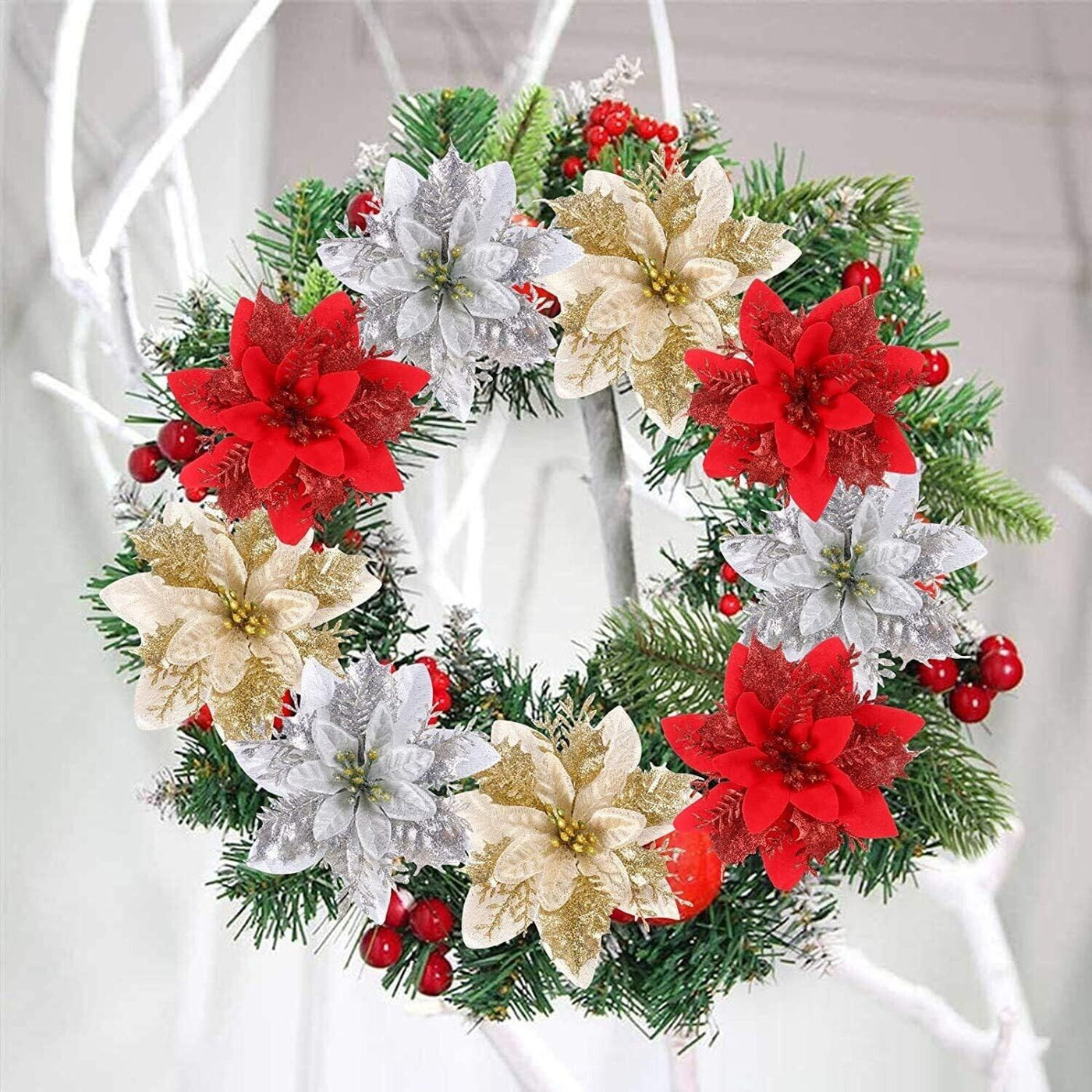 10 Stück Weihnachtsblumen Deko für Weihnachtsbaum - Gold