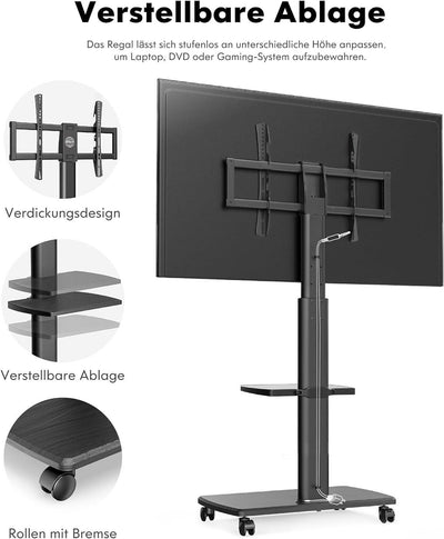 FITUEYES TV Bodenständer Fernsehstand Rollbar 70" Holzablage höhenver, schwenk,