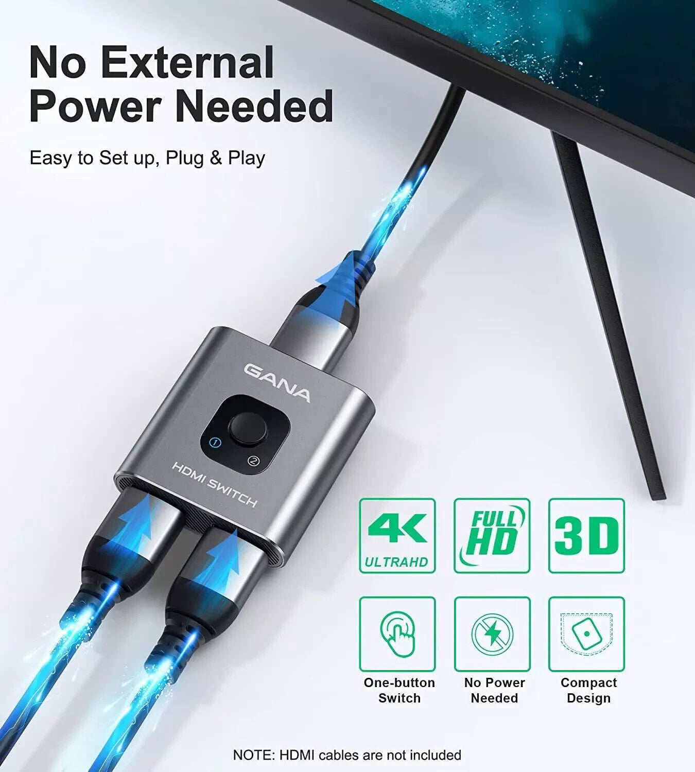 Gana HDMI Splitter HDMI Switch 4K@60Hz Aluminium Bidirektional HDMI Switch 2 in
