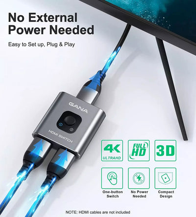 Gana HDMI Splitter HDMI Switch 4K@60Hz Aluminium Bidirektional HDMI Switch 2 in