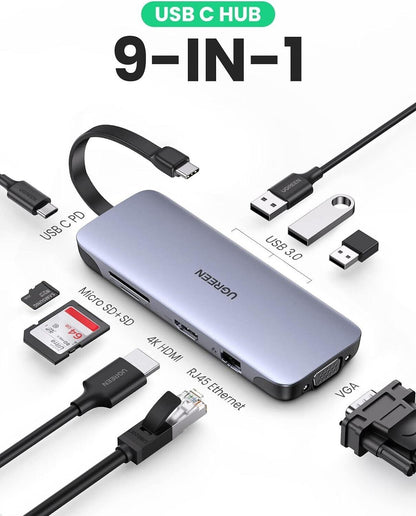 UGREEN USB-C Docking Station 9 in 1 USB C Hub mit HDMI, VGA, 100W PD, Gigabit Et