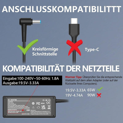 65W Laptop Ladekabel 19,5V 3,33A Notebook Ladegerät Netzteil HP, Chromebook...