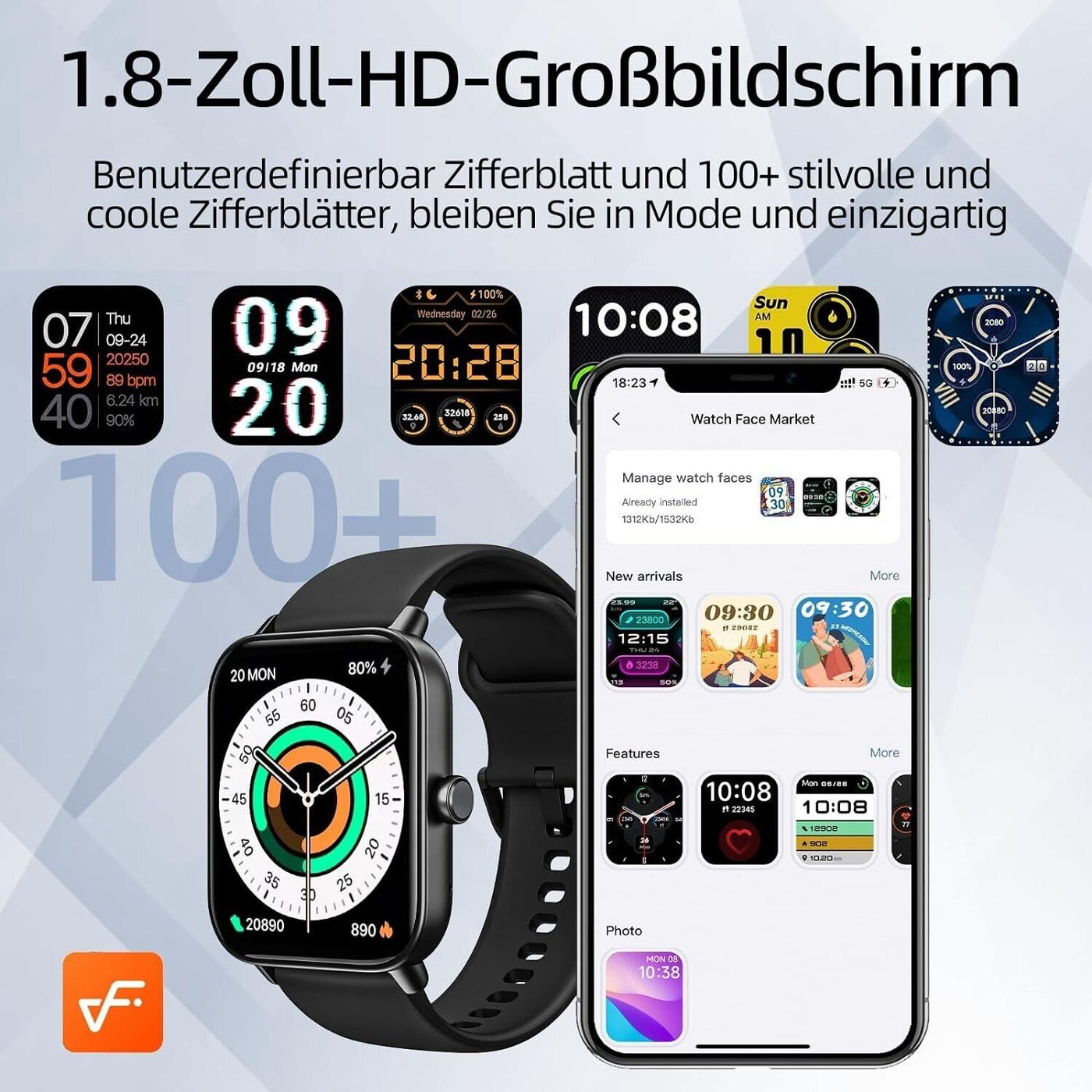Gardien Smartwatch Damen Herren mit Telefonfunktion, 1.8’’ Fitnessuhr Smart Watc
