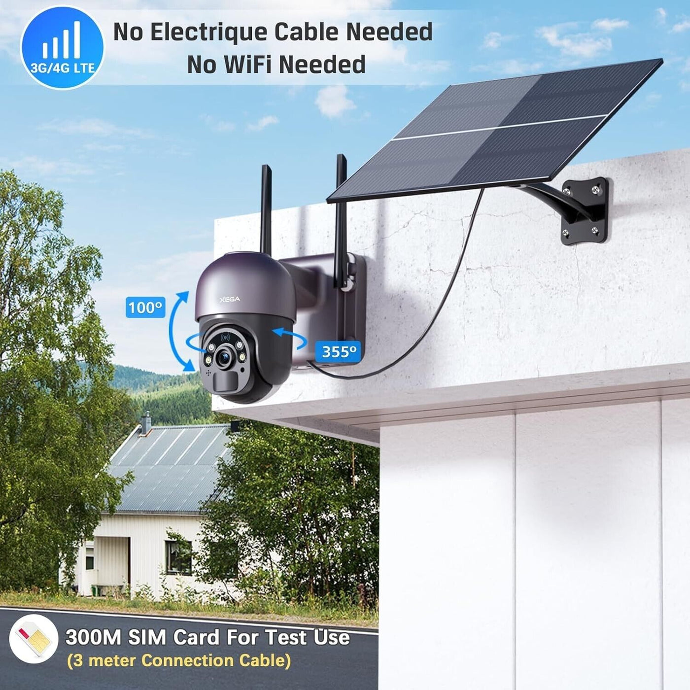 Xega 3G/4G LTE Überwachungskamera Karte 20W Solarpanel, 2K 3MP Kabellos Kamera