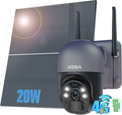 Xega 3G/4G LTE Überwachungskamera Karte 20W Solarpanel, 2K 3MP Kabellos Kamera