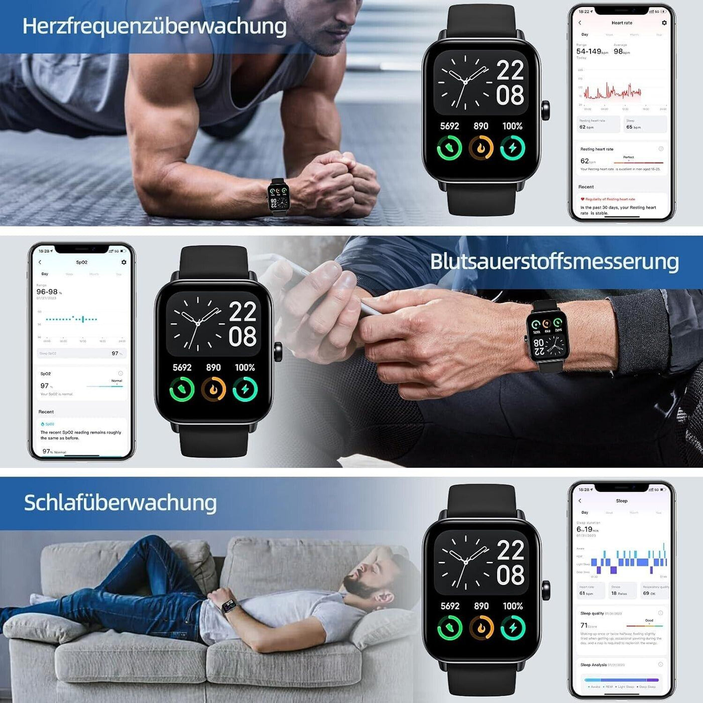 Gardien Smartwatch Damen Herren mit Telefonfunktion, 1.8’’ Fitnessuhr Smart Watc