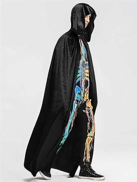 Ikali - Kostüm mit schwarzem Kapuzenumhang, Umhang in voller Länge für Unisex-Er