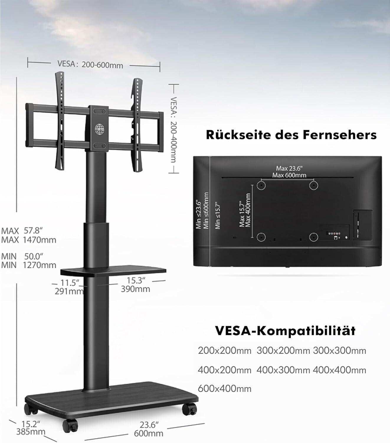 FITUEYES TV Bodenständer Fernsehstand Rollbar 70" Holzablage höhenver, schwenk,