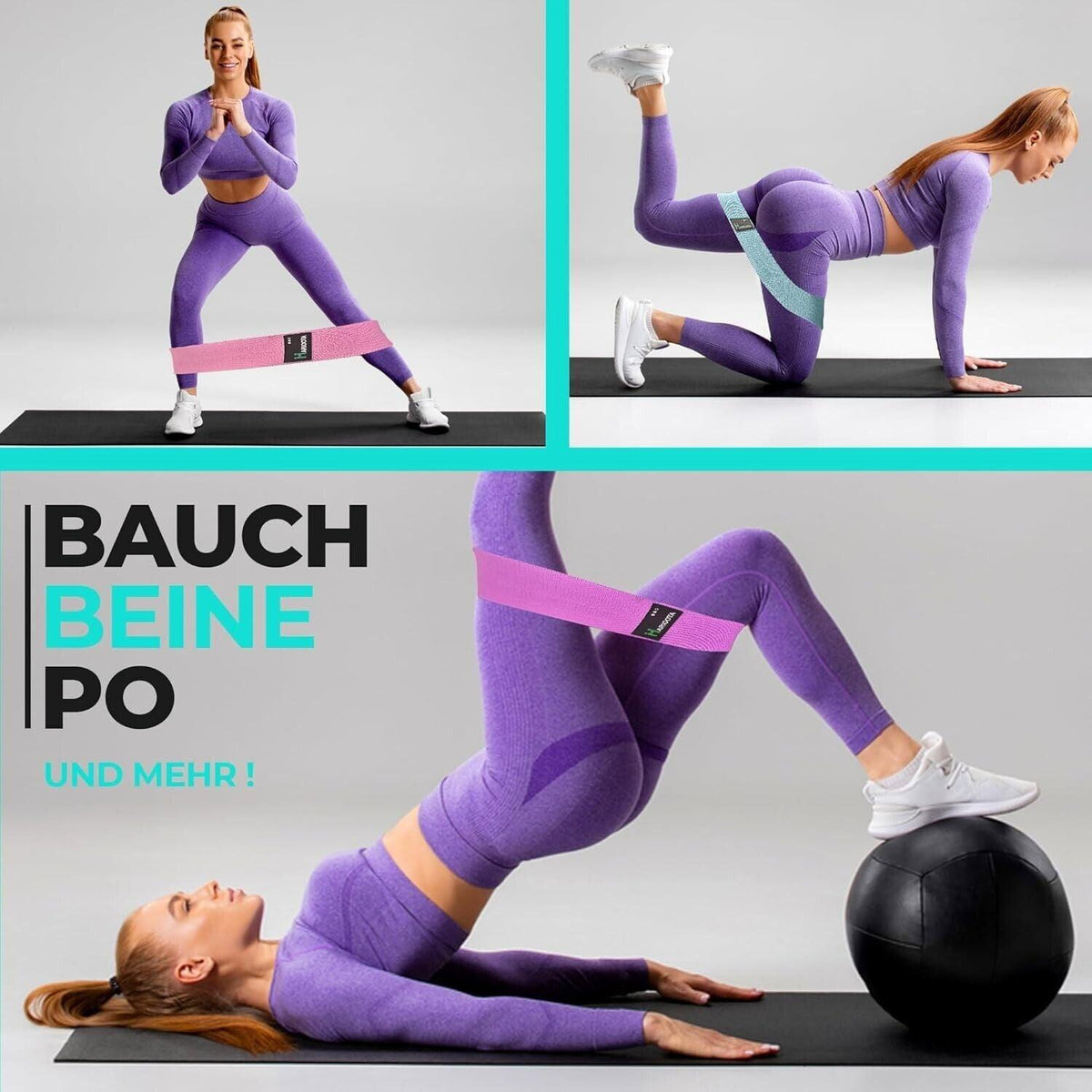 Aoozi - Lange Fitnessbänder aus Stoff, 3er-Set mit verschiedenen