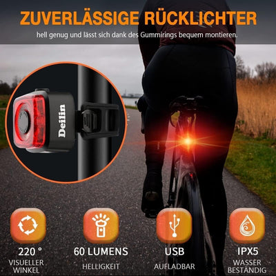 Deilin Fahrradlicht Set USB Aufladbar, IPX5 Wasserdicht Fahrradlicht