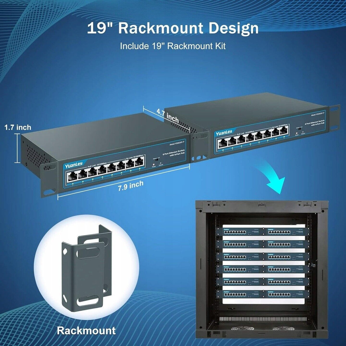 YuanLey 6-Port-PoE-Switch mit 2 Ethernet-Uplinks, 6 PoE+-Ports 100 Mbit/s, 7(F1)